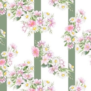 Pink Wildflower Floral on Light Green Stripes 