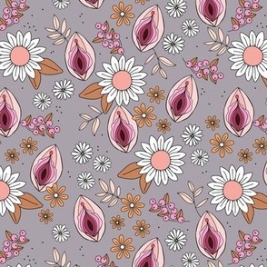 Summer vulva - proud feminist body positive vagina women empowerment  abortion rights design with sunflowers and daisies vintage caramel  lilac pink on gray 