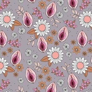 Summer vulva - proud body positive vagina women empowerment design with sunflowers and daisies vintage caramel  lilac pink on gray 