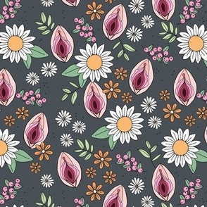 Summer vulva - proud body positive vagina women empowerment design with sunflowers and daisies orange pink sage green on charcoal 
