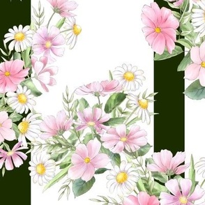 Large Scale Pink Wildflower Floral on Dark Green Stripes