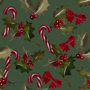 Christmas Holly with berrys and candy cansDark Green  Background