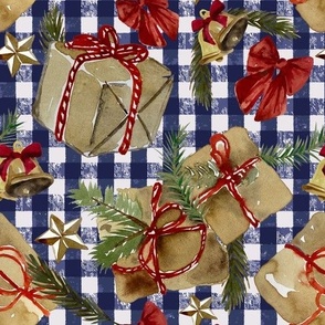 Christmas gifts and Bells on Dark Blue Gingham Check