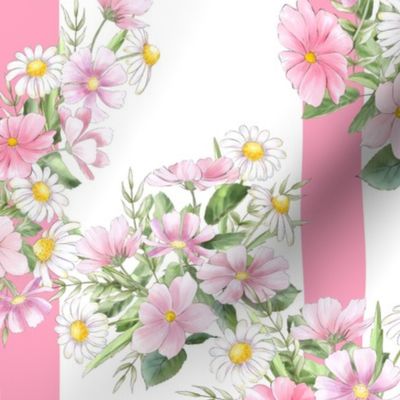 Large Scale Pink Wildflower Floral on Pink Stripes