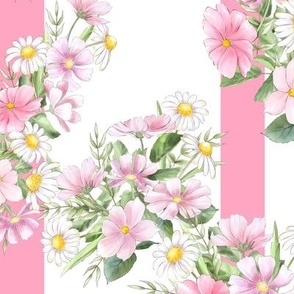 Large Scale Pink Wildflower Floral on Pink Stripes