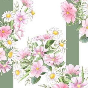 Large Scale Pink Wildflower Floral on Light Green Stripes