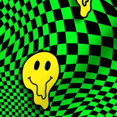trippy smiles on checkerboard black and neon green