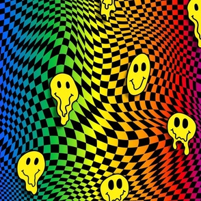 trippy smiles on checkerboard black and rainbow
