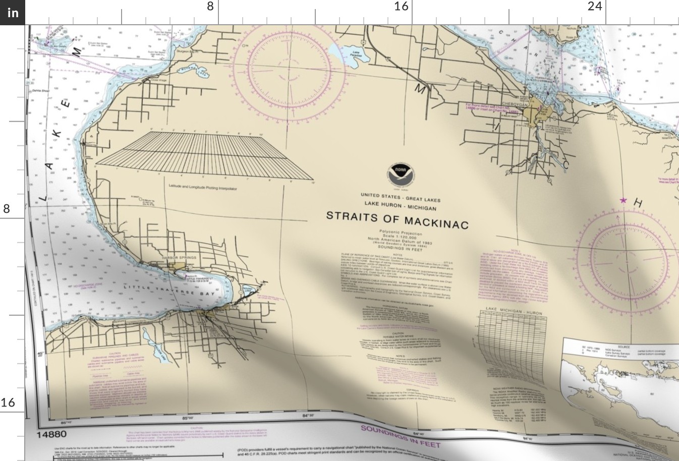 NOAA Straits of Mackinac nautical chart #14880 (48x36" - one chart per yard for wider fabrics)