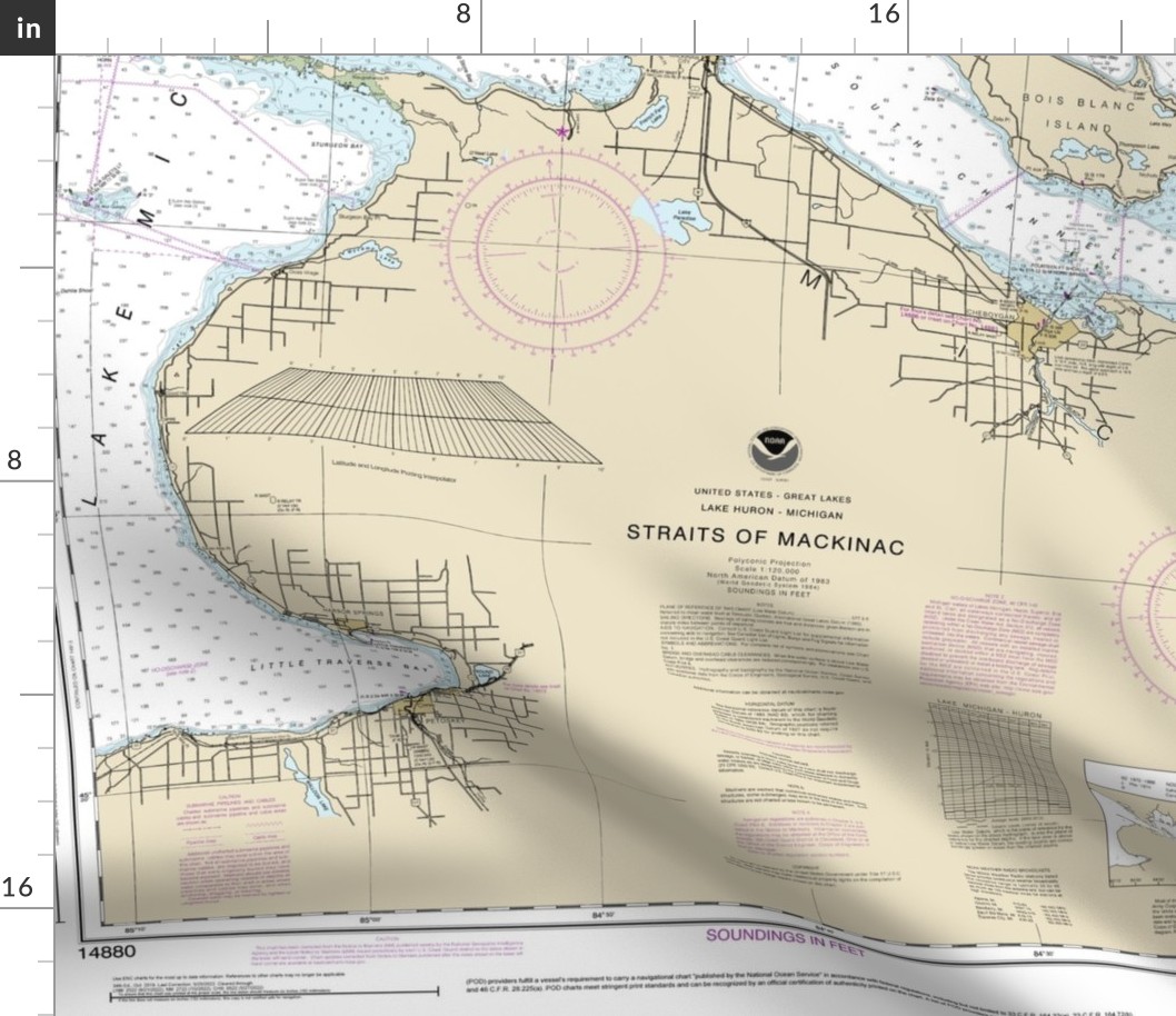 NOAA Straits of Mackinac nautical chart #14880 (42x31.5" - fits one yard of narrower fabrics)