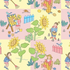 Sunflower garden with women yellow and pink