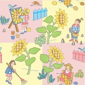 Sunflower garden with women yellow and pink