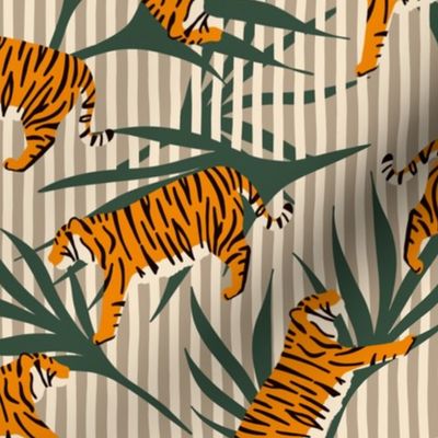 Tigers with Palm Leaves and Stripes - Stone and Green