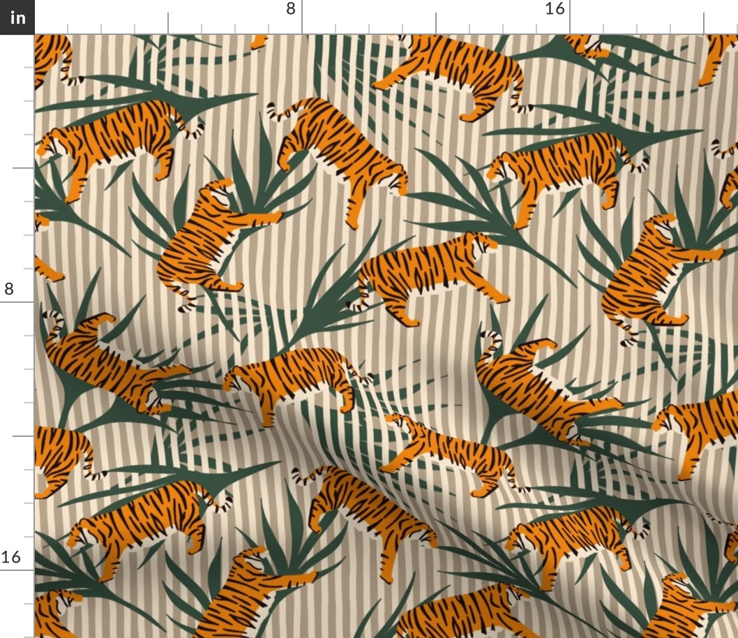 Tigers with Palm Leaves and Stripes - Stone and Green