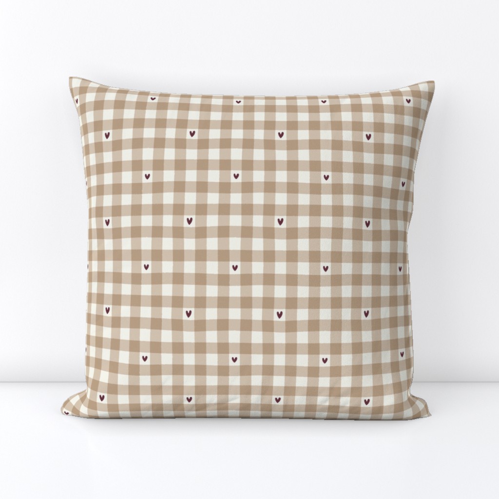 (Custom Colour) Gingham with Hearts | Neutral  Valentine's Day Check in Soft Warm Earth Tones and Burgundy Hearts 