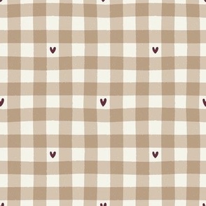 (Custom Colour) Gingham with Hearts | Neutral  Valentine's Day Check in Soft Warm Earth Tones and Burgundy Hearts 