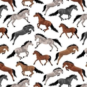 Watercolor Horses Brown Gray Black Horse on White Small Scale