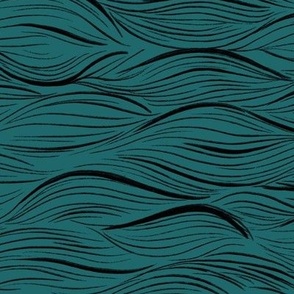 Sea waves block print turquoise and black. Handdrawn lineart Japanese linocut style.