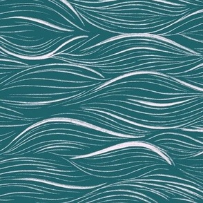 Sea waves block print turquoise and white. Handdrawn lineart Japanese linocut style.