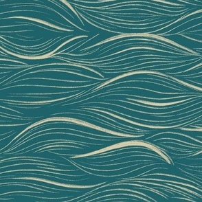 Sea waves block print turquoise wallpaper. Handdrawn lineart Japanese linocut style.