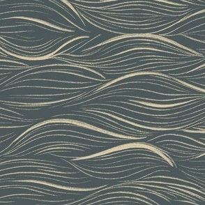 Sea waves block print dark wallpaper. Handdrawn lineart Japanese linocut style.