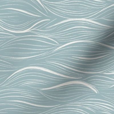 Sea waves block print light blue. Handdrawn lineart Japanese linocut style.