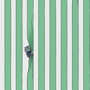 Simple graphic stripes with line drawings of cats, gray cats - green and white stripes - large print