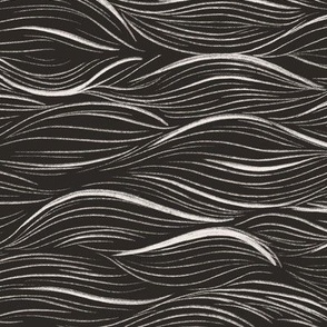 Sea waves block print beige and graphite. Handdrawn lineart Japanese linocut style.