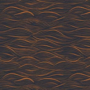 Sea waves block print Orange and graphite. Handdrawn lineart Japanese linocut style.