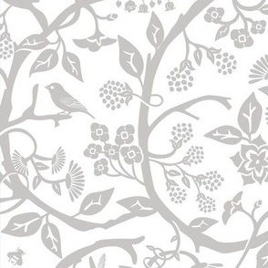 White and grey cut paper botany print - , floral vines, birds and berries