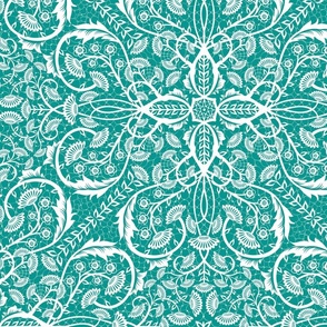 Classic ornate floral vines with symmetry - teal and white - large