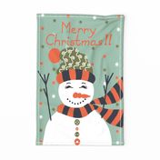 Cozy Christmas Snowman - Christmas Tea Towel, Christmas Wall Hanging, Christmas fabric in crimson and sage green
