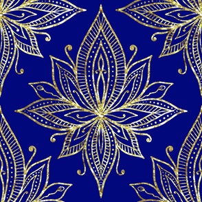 Blue and Gold Lotus Flower Damask