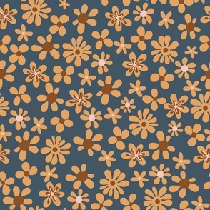 Ditsy floral fun repeat design in warm ochres on dusky blue fall colors