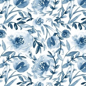 6" Blue toile - blue and white flower print, navy floral watercolor wallpaper and fabric