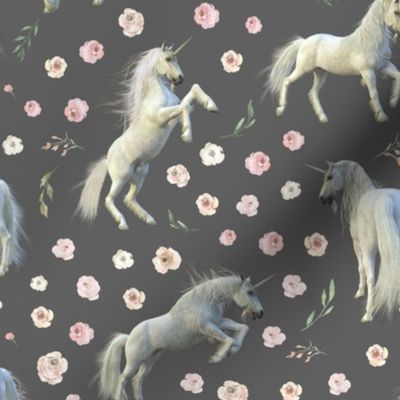 white unicorn pink floral grey bg