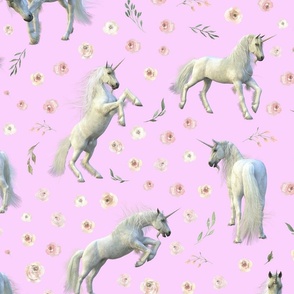 Large scale white unicorn pink floral pink bg