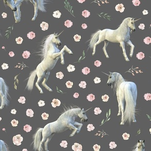 large print white unicorn pink floral grey bg