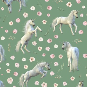 large scale white unicorn pink floral green bg