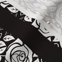 White roses on black vertical stripe / medium scale