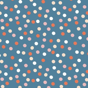 Rainbow Spot || Daisy Age Collection || red and pink polka dot on blue by Sarah Price