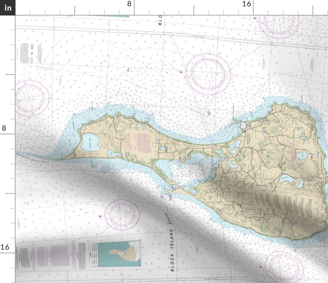 NOAA Block Island cropped nautical map #13217  *soundings too small to read* - 18x21" (fits on a FQ of any fabric) 
