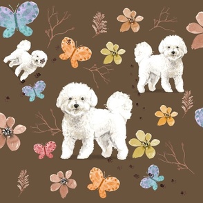 Bichon Frise dog with Butterflies on Brown Large