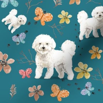 Bichon Frise on Teal with butterflies small