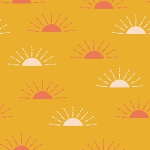 Sun Rise ||  red and cream suns on yellow || Daisy Age Collection by Sarah Price  Medium Scale Perfect for bags, clothing and quilts