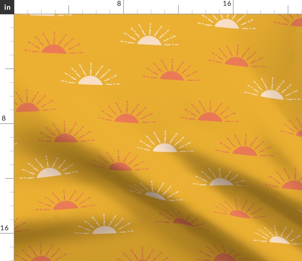 Sun Rise ||  red and cream suns on yellow || Daisy Age Collection by Sarah Price  Medium Scale Perfect for bags, clothing and quilts