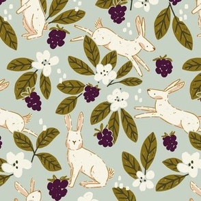 Blackberry Bunnies in Daylight - White Spring Bunnies with Berry, Flowers and Leaves on Baby Blue Background | Small