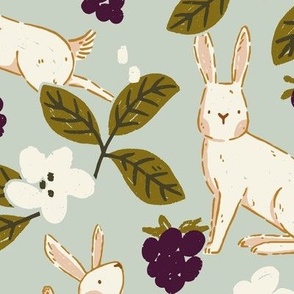 Blackberry Bunnies in Daylight - White Spring Bunnies with Berry, Flowers and Leaves on Baby Blue Background | Regular