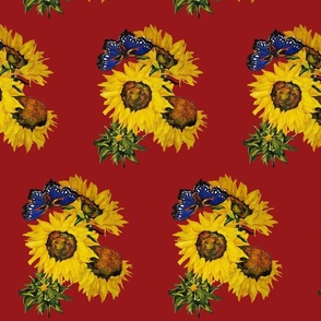 101a. MINI  Blue Butterfly & Sunflowers on a bold red background 