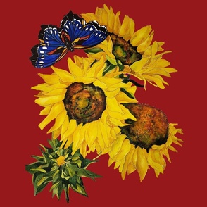 101c. LARGE Blue Butterfly and sunflowers on a red background  